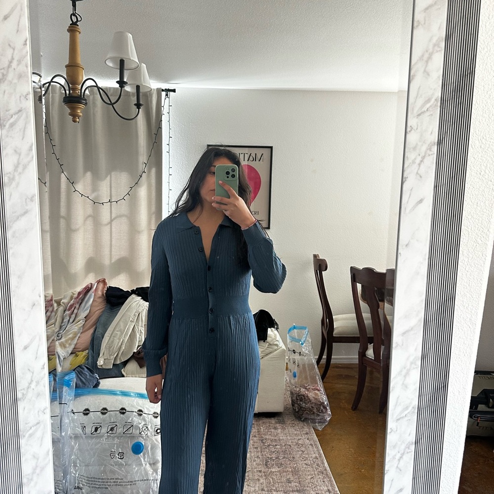 J. Crew Navy Ribbed Button-Front Jumpsuit